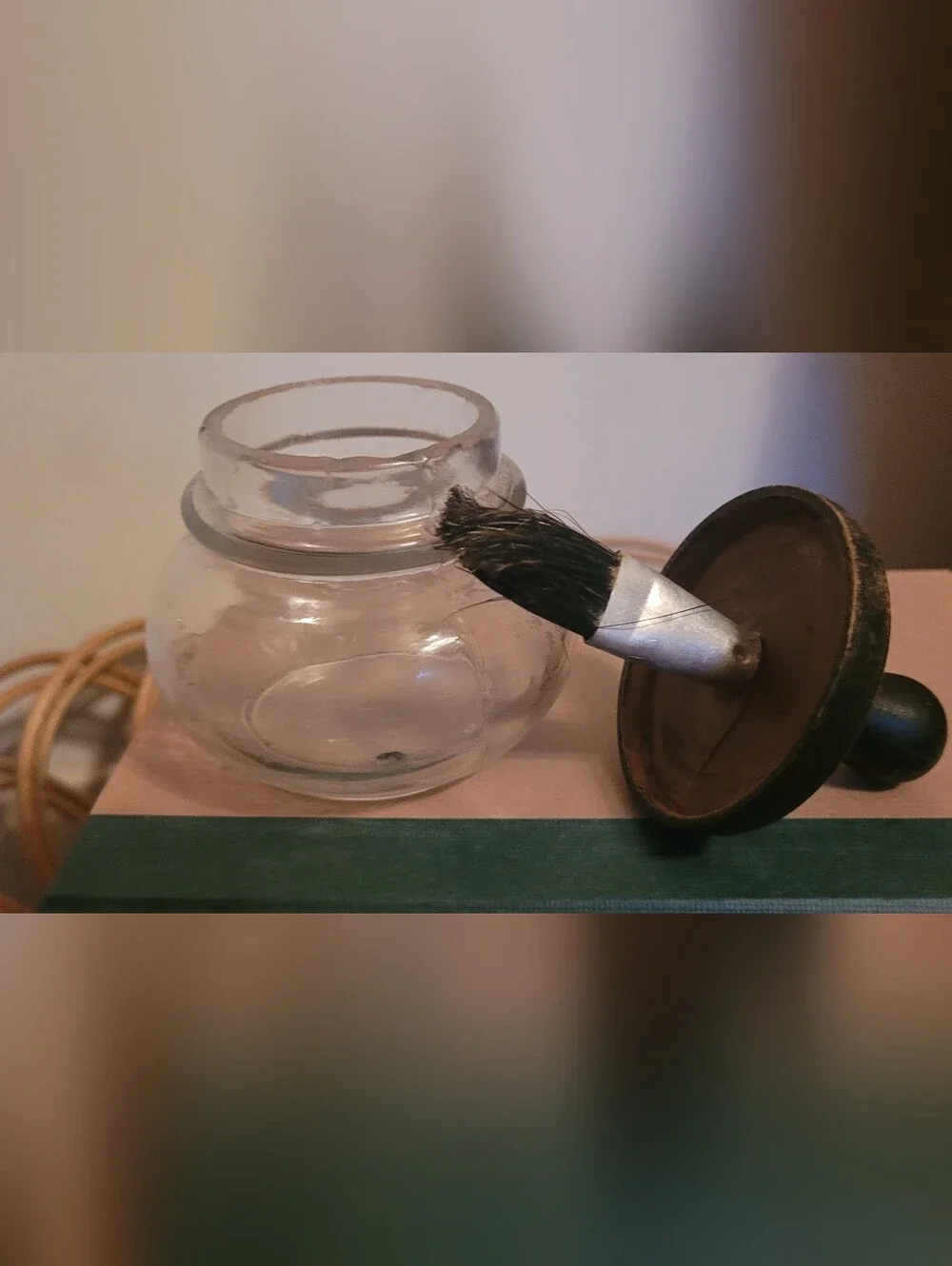 Vintage Glass Paste Mucilage Brush Bottle Jar With Wooden Lid